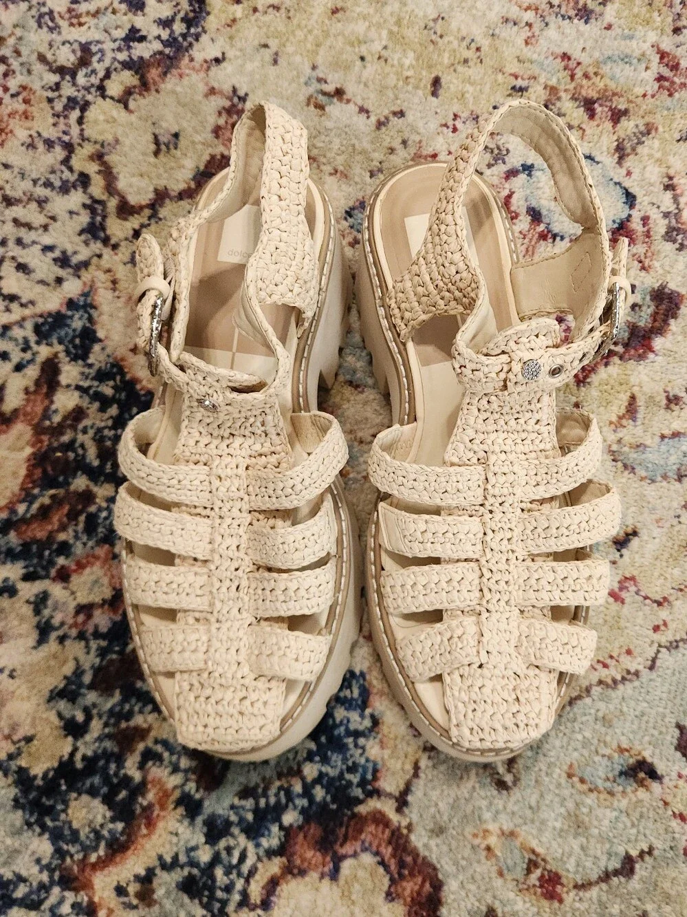 Dolce Vita Lasly Fisherman Raffia Silver Buckle Platform Sandals.Size 9.5